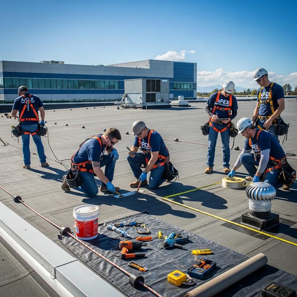 Commercial roof inspection by professionals on a flat roof