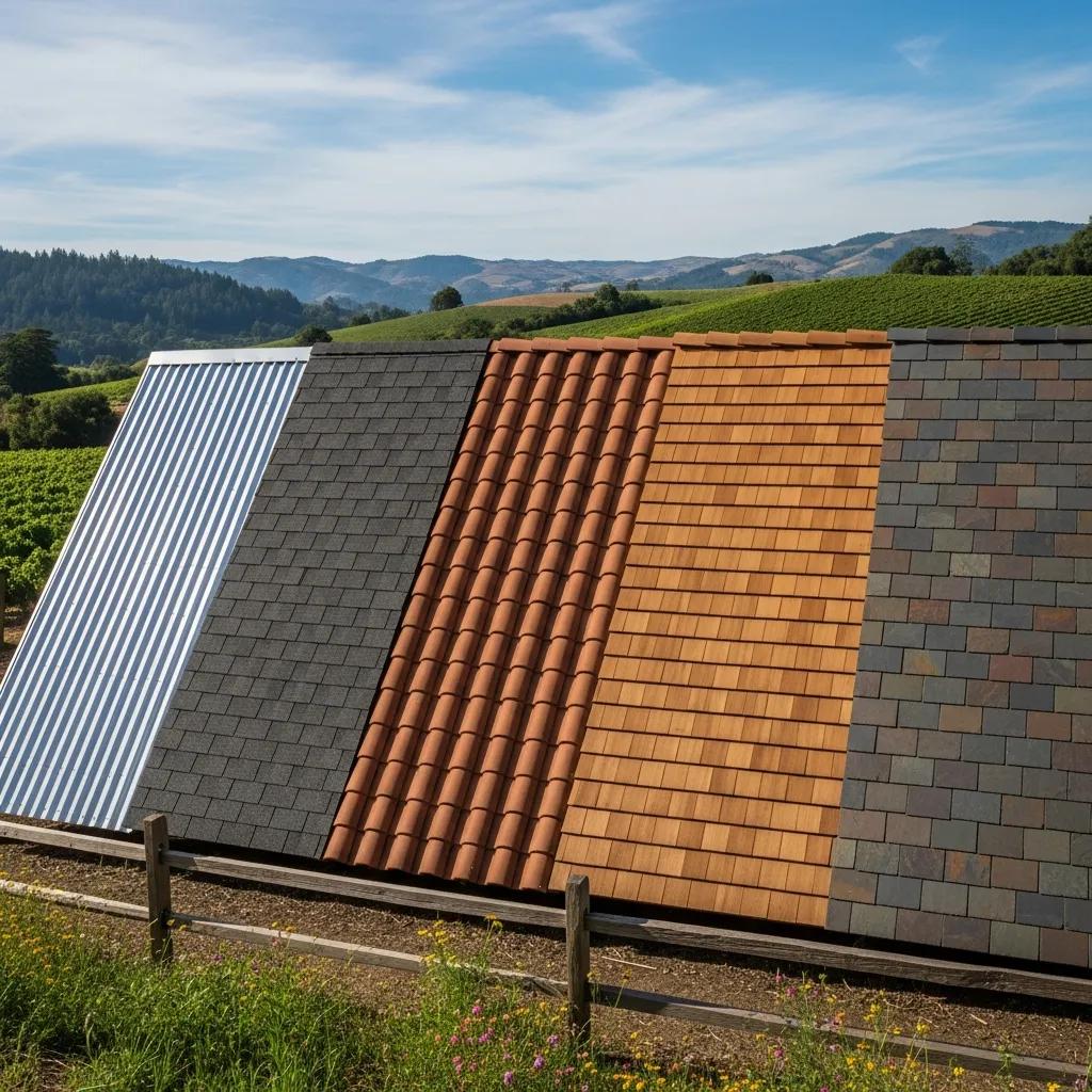 Diverse roofing materials including metal, asphalt, tile, wood, and slate displayed in a scenic Sonoma County setting