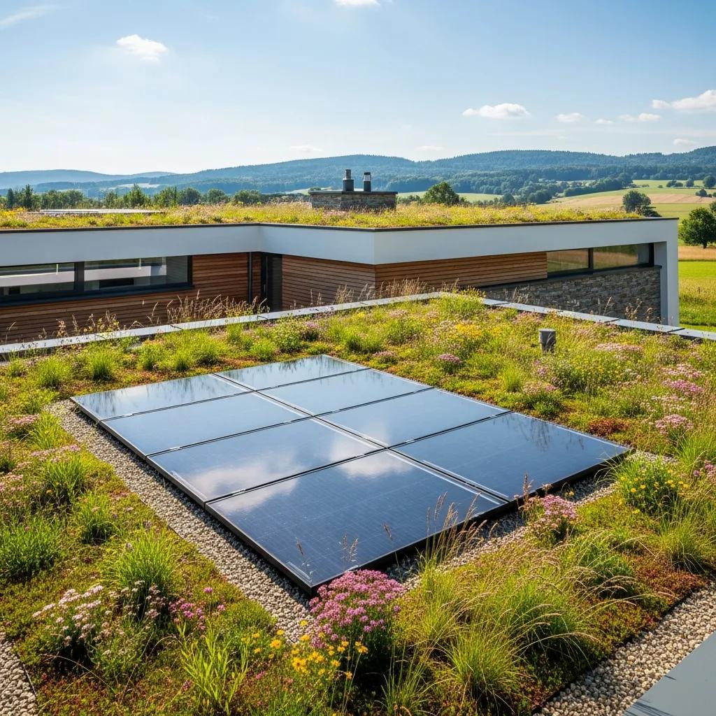 Eco-friendly green roof with vegetation and solar panels on a modern home in Sonoma County