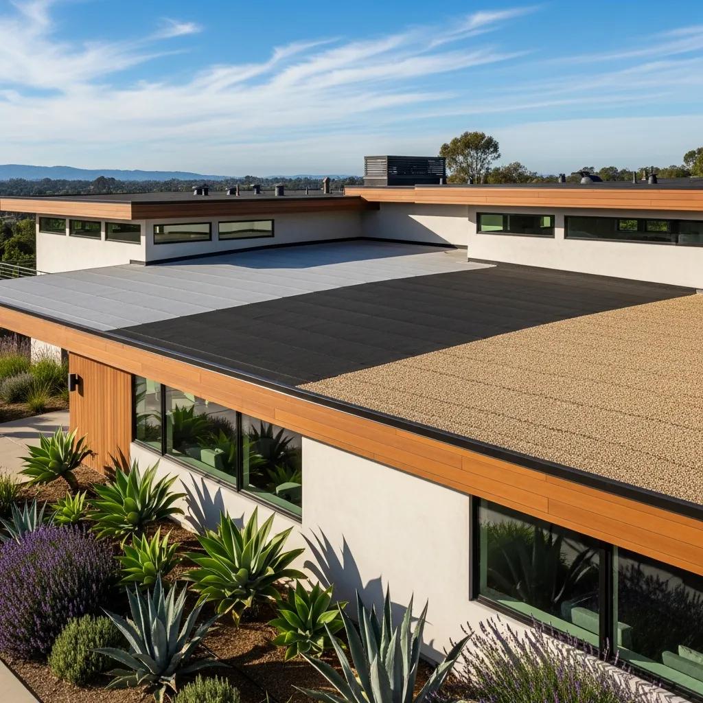 Modern California home with flat roofing showcasing TPO, EPDM, and modified bitumen materials