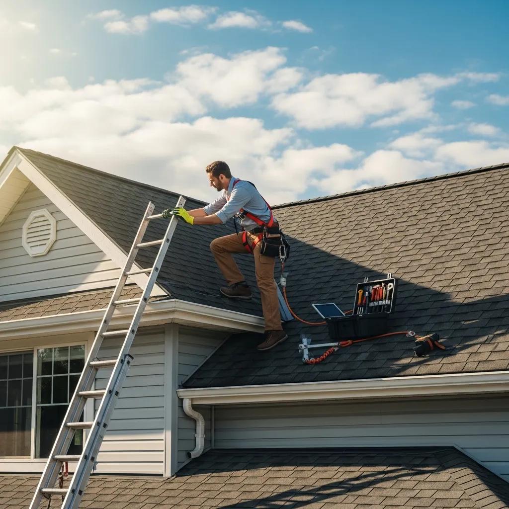 Professional inspecting a residential roof with tools, emphasizing roof repair and maintenance